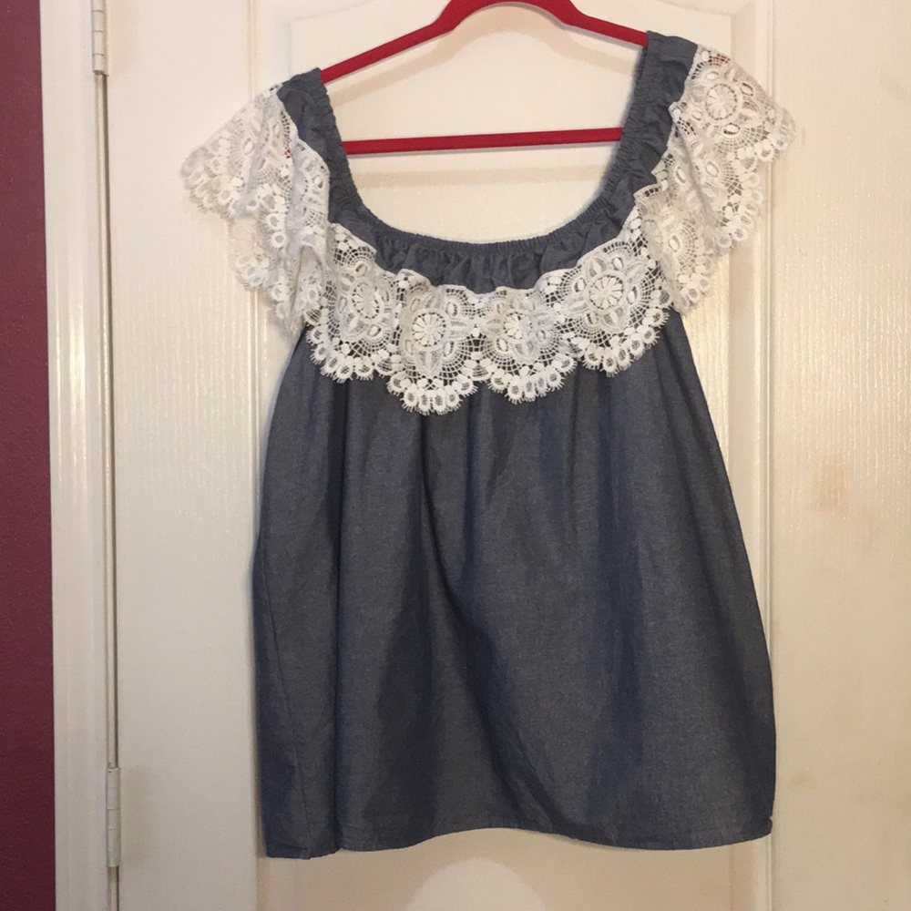 Miss Lili Off Shoulder Denim Top w Lace Detail